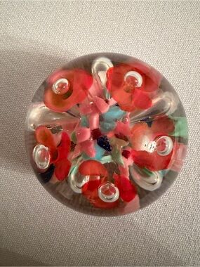 Glass Floral Paperweight Joe St Clair with Red Flower, Aqua & Greens